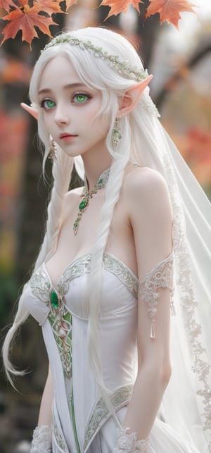 absurdres ,high res, ultimate detailed, high-resolution in elaborateness, large eyes, (green eyes:1.1), drooping eyes, full body, breasts, white skin, large elf ears, (pure white flf ears, pure white hair:1.3), long hair BREAK (:3:1), Japan, autumn, autumn leaves,  very long hair
an elf bride waiting to be get kissed, have a transparent veil infront of her face, looking at you