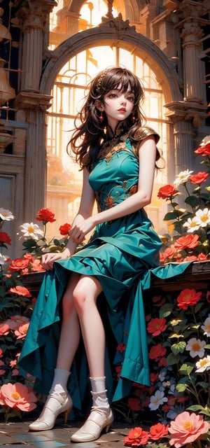 1girl, solo, long hair, looking at viewer, bangs, brown hair, black hair, dress, sitting, closed mouth, sleeveless, socks, indoors, mole, lips, window, sleeveless dress, blue dress, wariza, white socks, between legs, hand between legs, realistic, blinds, flower armor,green theme,exposure blend, medium shot, bokeh, (hdr:1.4), high contrast, (cinematic, teal and orange:0.85), (muted colors, dim colors, soothing tones:1.3), low saturation,  
score_9, score_8_up, score_7_up, score_6_up,ADD DETAIL