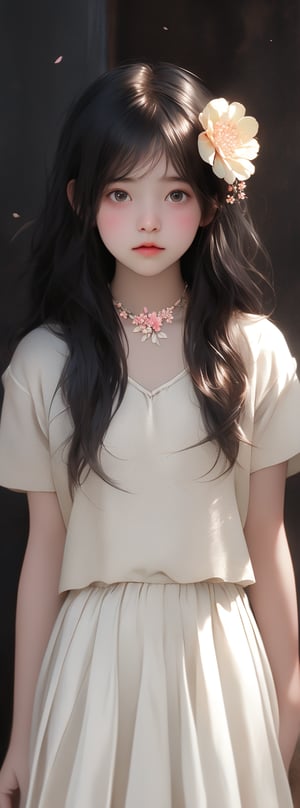 analog photo, a cute girl, 22 years old, black hair, pale skin,White soft satin skirt, choker,((using flowers cover left eyes)), vintage, faded film, film grain,  dark background,Illustration,beautiful deatailed shadow,dust,tyndall effect,lots of detail,hyperdetalization,Upper body