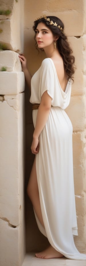 Portrait for an ancient Greek girl ,full body , soft clothes , She leans her back against a wall , here arms on the wall