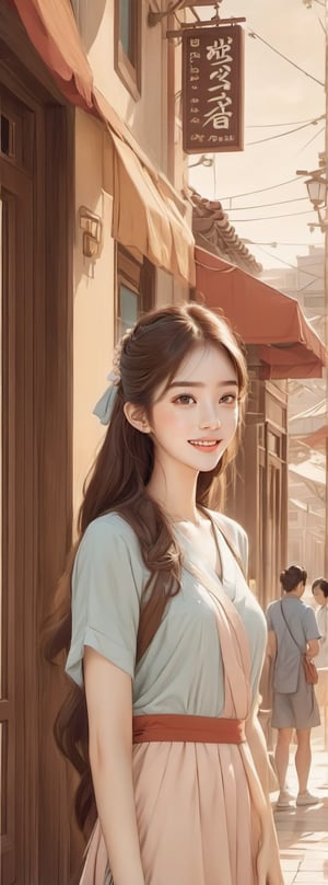 Korean webtoon style illustration, school girl, long brown hair, smiling, entering a restaurant, neat one-piece dress, pastel color palette, subtle background, high-contrast shadows, clean lines, detailed character expression, cultural architecture details in restaurant facade, natural light, digital painting.