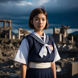 A teenage girl with short hair stands confidently on the ruins of Hiroshima, wearing a traditional Japanese sailor uniform. The scene is framed with the girl in the foreground, her posture strong and determined, while the crumbling buildings and debris of the city stretch out behind her, creating a stark contrast. The lighting is moody, with deep shadows and a few shafts of light breaking through the clouds, highlighting the desolation and resilience in the image.