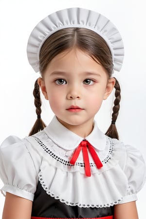 A 7-year-old girl dressed in a maid's uniform sits poised with a poker face, her bright red cheeks and large, pretty eyes betraying no emotion. Framed against a clean white background, the focus is on her youthful innocence, a delicate lace collar adding to her charm.