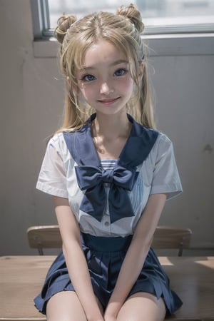 Usagi, a sweet-faced young girl, sits proudly on the edge of her desk, her long blonde hair tied in traditional odango buns framing her bright blue eyes. She wears her iconic light blue middle school uniform, complete with a bold blue sailor collar and crisp white stripes, as she gazes out at the viewer with a cheerful grin.