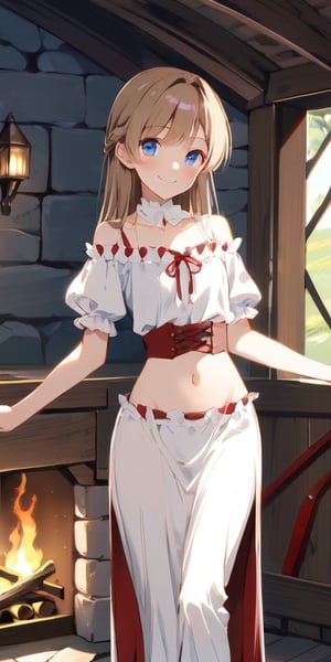 score_9, score_8_up, score_7_up, score_6_up, score_5_up, score_4_up, girl, (beautiful face, cute face, 18 years old), brunette, long straight hair, medieval dress, off shoulder, midriff, (tiny waist, flat stomach, narrow hips):1.4, inside cozy medieval cabin, soft lighting, smiling, blush, looking at viewer, Tsundere
