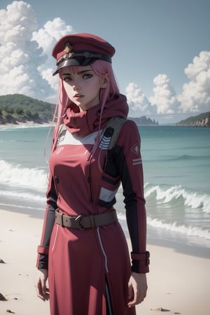 masterpiece, best quality, highres, zero two , long hair, sky blue eyes eyes, red dress, tie, cap, belt, , red scarf, red pilot suit, long sleeves, cowboy shot, white boot, standing, on the beach, tall girl, 4k, (photorealistic:1.5), beautiful lighting, (ulzzang-6500:0.5)
,hmmikasa,zero two