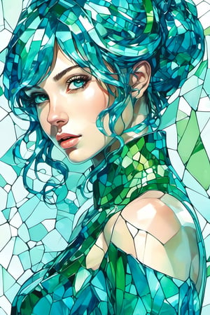  high_resolution, high detail, 1girl, blue and green color, glass art, glass style