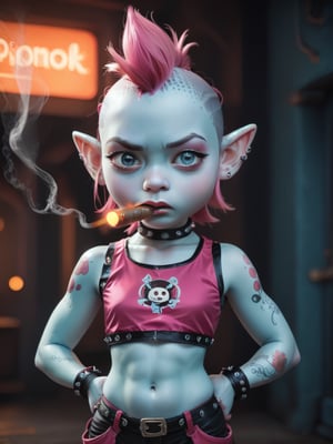 score_9, score_8_up, score_7_up, solo, depth of field, rim-light,
((sexy, Asian gnome girl)), athletic build, very large pointy ears, (very big shiny eyes), determined serious look, pink punk hair, shaved side of head, (Sci-Fi punk outfit), cute, shortstack, ((pale blue skin)), tattoos, ((smoking a fat cigar)), in a dark corner of a neon-lit spaceship,  Sci-fi ,neon photography style