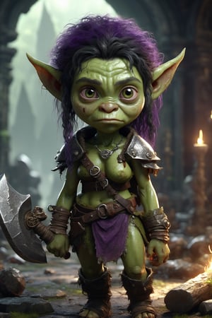 Hyper-realistic, Cinematic Render, fantasy movie, full body portrait, young, tiny, ((very cute)) orc girl , big head, very large eyes and, pointy ears, (green skin, scaly), dark black hair, wild windswept hair, freckles, chubby, psychotic, toothy smile,  violent eyes, purple eyes, weilding huge bloody axe, necklaces, bracelets, bone headdress, inside dark fantasy temple, torches, bone decorations, , 
