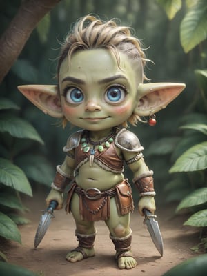 score_9, score_8_up, score_7_up, solo, ((tiny nordic goblin boy)), shortstack, very large pointy ears, big eyes, childish build, blushing, cute pouty frown, blonde messy hair, shaved side of head, (tribal clothes, wearing beads and bones and leather armor and furs), ((green skin)), shortstack, holding very large rusty dagger, cute mischievous smile, in a fantasy jungle,
