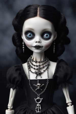 Hyper-realistic, Cinematic Render, fantasy movie, full body portrait, tiny, ((very cute)) undead porcelain doll girl, very large eyes, (black and white goth clothing), bangs and pigtails , freckles, blush, chubby, cute smile, blue eyes, ((weilding daggers)) , necklaces, bracelets, skeleton clothes, ,(( inside dark Manor)), torches, bones, occult decorations, ,monsters in background ,Monster, inspired by Tim Burton and Guillermo del Toro 