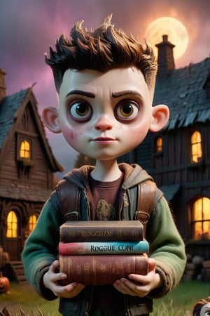 Hyper-realistic, Cinematic Render, ((creepy)) stop motion movie, creepy lighting, Paranorman style, upper portrait, 16-year-old, (gruff, roguish) bald boy, (pale skin), shaved head, short beard, patchwork Viking clothes mixed with modern clothes, cut out cloth patches and big stitches, high texture, splashes of colourful paint on clothes, very large brown eyes, (holding ((stack of old books)), dark eye makeup, mischievous smile, muted colours, Creepy Manor farm in background, 3d style, high depth of field, ,chibi,Monster