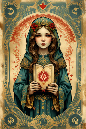 Art by (Shepard Fairey) inspired by old tarot cards, occult art and designs, a cute small ghost girl holding an ancient book, in a design celebrating the power of art and literature, ornate border and frame, alchemy symbols, runes, ((Tarot Card Style)) , more detail XL, weathered paper texture, ,ArtDecoXL,ink,style