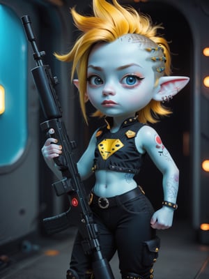 score_9, score_8_up, score_7_up, solo, depth of field, rim-light,
((sexy, Asian gnome girl)), athletic build, very large pointy ears, (very big shiny eyes), determined serious look, yellow punk hair,  (yellow and black Sci-Fi punk outfit), cute, shortstack, ((pale blue skin)), tattoos, ((holding a sci-fi rifle)), in a dark corner of a neon-lit spaceship,  Sci-fi ,neon photography style