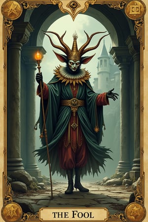 (Tarot Card Style, inspired by the Dark Crystal Movie), centered composition, rule of thirds, high quality detailed mystical occult art. (("The Fool" tarot card)), muted colors, highlighted with gold leaf decoration. Exotic, beautiful, silly dark fantasy creature with a jester's hat and a scepter dancing in an old abandoned castle. Abstract occult and alchemical designs frame the outside. Detailed tarot-card frame with mystical alchemical symbols in each of the four corners. 