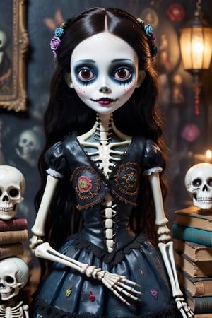 Hyper-realistic, Cinematic Render, ((creepy)) stop motion movie, creepy lighting, Corpse Bride style, full body portrait, young 10-year-old, (charming and beautiful) ((Japanese)) skeleton girl, (pale white skin), mussed black hair, patchwork black Victorian clothes, cut out cloth patches and big stitches, high texture, splashes of colourful paint on clothes, very large brown eyes, (holding ((stack of old books)), dark eye makeup, cute smile, mischievous smile, muted colours, curiosity cabinet in background, strange paintings in background, 3d style, high depth of field, ,chibi,Monster