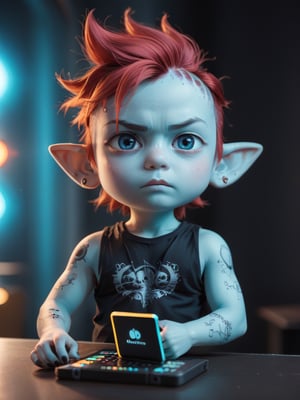 score_9, score_8_up, score_7_up, solo, depth of field, rim-light,
((handsome, roguish, gnome boy)), (boy:1.6), athletic build, very large pointy ears, (very big eyes), determined serious look, short messy purple hair,  (yellow and black Sci-Fi punk outfit), short, ((pale blue skin)), tattoos, in a dark corner of a neon-lit spaceship, (holding a sci-fi handheld computer) Sci-fi ,neon photography style, (chibi:0.85),
