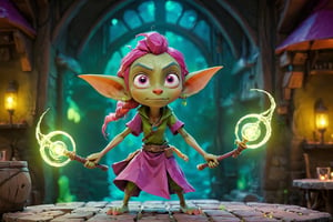 Low Poly, Game Engine, UHD, high-resolution render, cinematic game lighting, 3D Unity Style, ((full body)), ((wide-angle)),
((a young cute female goblin sorcerer, green skin, magenta hair, wearing bright colorful flamboyant neon clothes, necklaces, earrings, dark eye-shadow, holding an obsidian magic staff)), ((swirling blue magic comes from the top of the staff)), ((she is grinning and laughing)), casting a spell, hand out towards camera, glowing magic in hand)), ((she is standing, dancing on top of a table)) in the middle of a ((crowded fantasy tavern, full of strange adventurers, fantasy characters, and creatures)), ((dramatic lighting)), high quality, highly detailed, rule of thirds, sharp focus, film grain, f/4 characters by studio ghibli, greg rutkowski, Magical Fantasy style