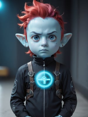 score_9, score_8_up, score_7_up, solo, depth of field, rim-light,
((handsome, roguish, gnome man)), (boy:1.6), athletic build, thin, very large pointy ears, (very big eyes), determined serious look, (short messy purple hair),  (Sci-Fi punk outfit), short, ((pale blue skin)), tattoos, in a dark corner of a neon-lit spaceship, (holding a sci-fi computer) Sci-fi ,neon photography style, (chibi:0.75),minimalist hologram