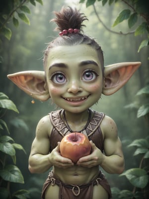 score_9, score_8_up, score_7_up, solo, ((cute goblin boy)), shortstack, very large pointy ears, big eyes, athletic build, blushing, cute smile, shy smile, messy hair, shaved side of head, (tribal clothes, wearing beads and bones and leather and furs), ((green skin)), looking up at viewer, holding large magenta fruit, cute roguish smile, in a fantasy jungle,