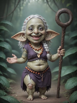 score_9, score_8_up, score_7_up, solo, ((old goblin witch)), shaman, shortstack, very thin, very large pointy ears, large crooked nose, beady black eyes, elderly, hunched over, ugly, laughing, long braided messy white hair with ((bones and beads and feathers in hair)), (tribal clothes, wearing beads and bones and long dark purple robes and furs), ((green skin and tattoos)), holding ancient crooked magic staff, in a fantasy jungle,
