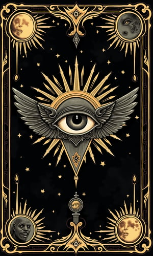 (Tarot Card Style), high quality detailed mystical occult art. (back of Tarot card) Muted colors, detailed occult designs with ornate border. Black background with occult designs highlighted with gold leaf on old textured paper. An all-seeing eye surrounded by a detailed occult sigil and pentagram with sun, moon, stars. raven wings and bat wings come from behind the eye. The design signifies cosmic balance. Tarot-style sun and moon on either side. Centered composition, rule of thirds.