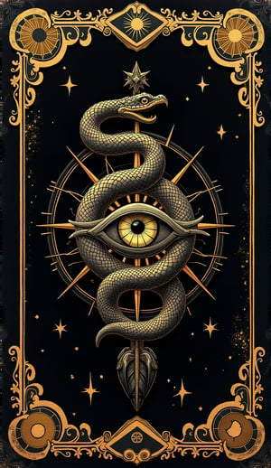 (Tarot Card Style), high quality detailed mystical occult art. (back of Tarot card) Muted colors, detailed occult designs with ornate border. Black background with dark fantasy and occult designs highlighted with gold leaf on old textured paper. Simple Tarot-card frame with occult symbols and stars. mystical eye in the center, surrounded by a twisted snake with a raven's head and an ornate occult design. The design signifies cosmic balance. Tarot-style sun and moon on either side. Centered composition, rule of thirds. Japanese Style