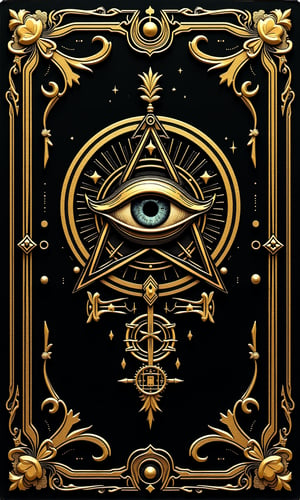 (Tarot Card Style), high quality detailed mystical occult art. (back of Tarot card) Detailed occult designs with ornate border. Black background with occult designs made of gold leaf on old textured paper. An all-seeing eye surrounded by a detailed occult sigil and pentagram design. The design signifies duality and the cosmic balance between life and death, light and dark, good and evil, male and female. Centered composition, rule of thirds.