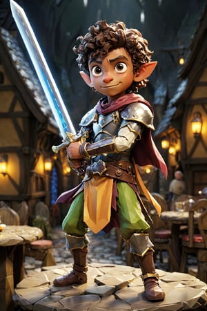 Low Poly, Game Engine, UHD, high-resolution render, cinematic game lighting, 3D Unity Style, ((full body)), ((wide-angle)),
((a 16-year-old male halfling paladin, dark skin, ((short curly hair)), shiny halfplate armor, handsome face, ((pointy elf ears)), holding a large magic sword)), ((he is laughing, with a determined expression, excited, and standing on top of a table, ready to fight, bracing for a fight,)) in the middle of a ((crowded fantasy tavern, full of strange adventurers, fantasy characters, and creatures)), ((dramatic lighting)), high quality, highly detailed, rule of thirds, sharp focus, film grain, f/4 characters by studio ghibli, greg rutkowski, ,Magical Fantasy style