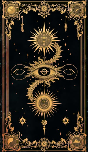 (Tarot Card Style), high quality detailed mystical occult art. (back of Tarot card) Muted colors, detailed occult designs with ornate border. Black background with dark fantasy and occult designs highlighted with gold leaf on old textured paper. Simple Tarot-card frame with occult symbols and stars. All seeing eye in the center, surrounded by an ouroboros and an ornate occult design. The design signifies cosmic balance. Tarot-style sun and moon on either side. Centered composition, rule of thirds