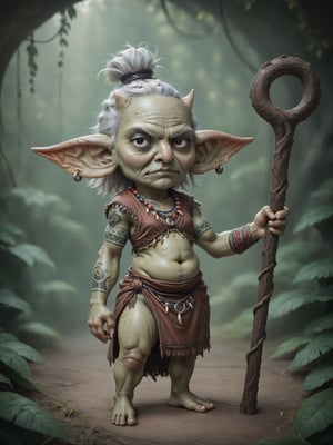 score_9, score_8_up, score_7_up, solo, ((old goblin warlock)), shaman, shortstack, very thin, very large pointy ears, large crooked nose, large black eyes, small white horns, elderly, hunched over, ugly, grumpy serious expression, scraggly white hair with bird-skull headdress, (tribal clothes, wearing beads and bones and long black robes and furs), ((green skin and dark face tattoos)), holding an old crooked tree branch magic staff, in a fantasy jungle temple,