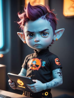score_9, score_8_up, score_7_up, solo, depth of field, rim-light,
((handsome, roguish, gnome boy)), (boy:1.6), hacker kid, very large pointy ears, (very big eyes), determined serious look, (short messy purple hair),  (yellow and black Sci-Fi punk outfit), short, ((pale blue skin)), tattoos, in a dark corner of a neon-lit spaceship, (holding a sci-fi computer) Sci-fi ,neon photography style, (chibi:0.75),