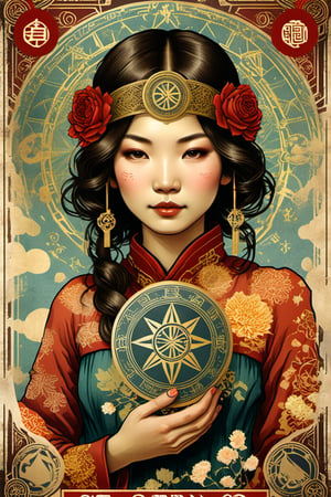 Art by (Shepard Fairey) inspired by old tarot cards, occult art and designs, a cute Japanese girl holding an ancient book, in a design celebrating the power of art and literature, ornate border and frame, alchemy symbols, runes, ((Tarot Card Style)) , more detail XL, weathered paper texture, ,ArtDecoXL,ink,style