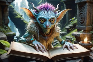 ((((strange fey creature from a dream)))), elfin face, tribal beads and armbands, neon colored fur and scales, dynamic detailed face, ((underlit)), dancing on top of an old weathered book of sorcery, (in the background a Fey landscape with ancient magical ruins surrounded by (swirling ghostly magic)), (weathered stone steps lead to a ghostly portal), 
((inspired by Brian Froud and (Labyrinth movie) )), 
(dynamic camera angle, bokeh, camera glow, depth of field, high-quality 3D render, Octane render, detailed realistic textures, (backlit), ((underlit)) ),make_3d,neon photography style