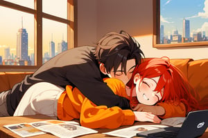 score_9, score_8_up, score_7_up, score_6_up, score_5_up, score_4_up,

1girl (red hair), long_hair, hug, 1boy (black hair), a very handsome man, boy and girl lying on the orange couch, inside of department, boy hugs the girl from behind, covered with a brown blanket, eyes closed, smiling,brown coffe table (brown)in front with many papers and a laptop on thr table, hetero, black clothes, image far from here, crepusculo_sky(picture window) sun, sky, long_sleeves, perfect hands, cityscape, jaeggernawt,girlnohead