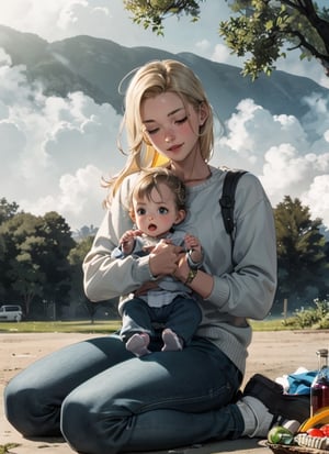 lofi 1girl and 1baby boy at a picnic on a beautiful day, blonde long hair girl, happy girl,