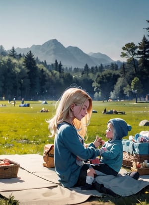 Iofi a girl playing with a baby-boy at a picnic on a beautiful day, blonde long hair girl, happy girl,