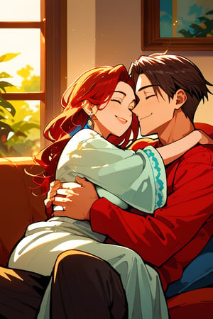 masterpiece, 1_girl, 1_boy, 1_couple, random style, :) ,smile face , warm smile ,high res ,couple wearing home clothes , 8k  ,boy_carry_up_girl_by_hugging_her , smile , eye_on_partner, sleep_on_sofa, fantasy place, focus on couple, very_red_long_hair_female, mature look couple ,hug_each_other ,1boy ,1girl , black color hair , clothes and eyes,High detailed ,more detail XL