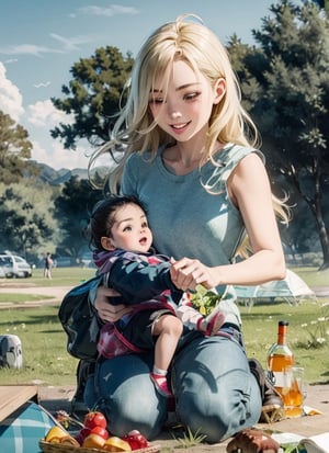 Iofi a 20 year old girl and a baby-boy at a picnic on a beautiful day, blonde long hair girl, happy girl,