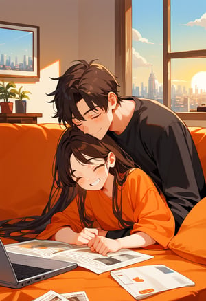 score_9, score_8_up, score_7_up, score_6_up, score_5_up, score_4_up,

1boy (black hair), a very handsome man, 1girl red long hair, boy and girl lying on the orange couch, inside of department, boy hugs the girl from behind, covered with a brown blanket, eyes closed, smiling,brown coffe table (brown)in front with many papers and a laptop on thr table, hetero, black clothes,brown_hair, image far from here, crepusculo_sky(picture window) sun, sky, long_sleeves, perfect hands, cityscape, jaeggernawt,girlnohead
