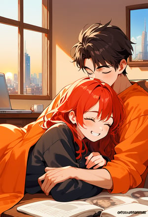 score_9, score_8_up, score_7_up, score_6_up, score_5_up, score_4_up,

1girl (red hair), long_hair, hug, 1boy (black hair), a very handsome man, boy and girl lying on the orange couch, inside of department, boy hugs the girl from behind, covered with a brown blanket, eyes closed, smiling,brown coffe table (brown)in front with many papers and a laptop on thr table, hetero, black clothes, image far from here, crepusculo_sky(picture window) sun, sky, long_sleeves, perfect hands, cityscape, jaeggernawt,girlnohead