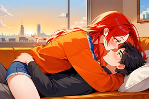 score_9, score_8_up, score_7_up, score_6_up, score_5_up, score_4_up,

1girl (red hair), long_hair, hug, 1boy (black hair), a very handsome man, boy and girl lying on the orange couch, inside of department, boy the boy is on top of the girl, sexy face, girl's shirt raised a little, blushing, hetero, black clothes, image far from here, crepusculo_sky(picture window) sun, sky, long_sleeves, perfect hands, cityscape, jaeggernawt,girlnohead