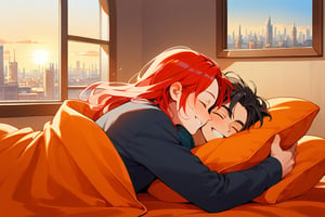 score_9, score_8_up, score_7_up, score_6_up, score_5_up, score_4_up,

1girl (red hair), long_hair, hug, 1boy (black hair), a very handsome man, boy and girl lying on the orange couch, inside of department, boy hugs the girl from behind, covered with a brown blanket, eyes closed, smiling,girl wearing a sexy top, hetero, black clothes, image far from here, crepusculo_sky(picture window) sun, sky, long_sleeves, perfect hands, cityscape, jaeggernawt,girlnohead