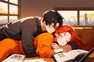 score_9, score_8_up, score_7_up, score_6_up, score_5_up, score_4_up,

1girl (red hair), long_hair, hug, 1boy (black hair), a very handsome man, boy and girl lying on the orange couch, inside of department, boy hugs the girl from behind, covered with a brown blanket, eyes closed, smiling,brown coffe table (brown)in front with many papers and a laptop on thr table, hetero, black clothes, image far from here, crepusculo_sky(picture window) sun, sky, long_sleeves, perfect hands, cityscape, jaeggernawt,girlnohead