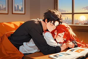 score_9, score_8_up, score_7_up, score_6_up, score_5_up, score_4_up,

1girl (red hair), long_hair, hug, 1boy (black hair), a very handsome man, boy and girl lying on the orange couch, inside of department, boy hugs the girl from behind, covered with a brown blanket, eyes closed, smiling,brown coffe table (brown)in front with many papers and a laptop on thr table, hetero, black clothes, image far from here, crepusculo_sky(picture window) sun, sky, long_sleeves, perfect hands, cityscape, jaeggernawt,girlnohead