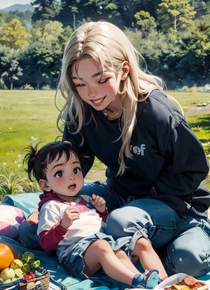 Iofi a 20 year old girl and a baby-boy at a picnic on a beautiful day, blonde long hair girl, happy girl,