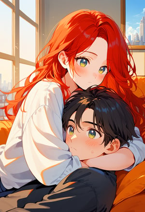 score_9, score_8_up, score_7_up, score_6_up, score_5_up, score_4_up,

1girl (red hair), long_hair, hug, 1boy (black hair), a very handsome man, boy and girl lying on the orange couch, inside of department, boy the boy is on top of the girl, sexy face, girl's shirt raised a little, blushing, hetero, black clothes, image far from here, crepusculo_sky(picture window) sun, sky, long_sleeves, perfect hands, cityscape, jaeggernawt,girlnohead