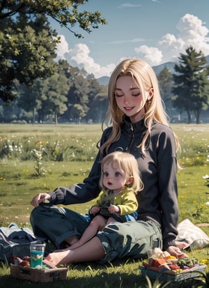 lofi 1girl and 1baby boy at a picnic on a beautiful day, blonde long hair girl, happy girl,