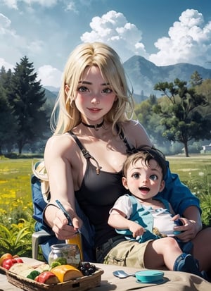 Iofi a 20 year old girl and a baby-boy at a picnic on a beautiful day, blonde long hair girl, happy girl,