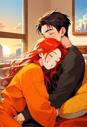 score_9, score_8_up, score_7_up, score_6_up, score_5_up, score_4_up,

1girl (red hair), long_hair, hug, 1boy (black hair), a very handsome man, boy and girl lying on the orange couch, inside of department, boy hugs the girl from behind, covered with a brown blanket, eyes closed, smiling, hetero, black clothes, image far from here, crepusculo_sky(picture window) sun, sky, long_sleeves, perfect hands, cityscape, jaeggernawt,girlnohead
